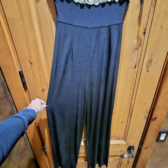 Elegant Black Lace Top Jumpsuit with Wide Long Flowy Legs - Picture 6 of 7